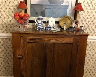 Antique Pine Jelly cupboard, Tole lamps, Blue Willow coffee pot, creamer, sugar, silver plated service pieces