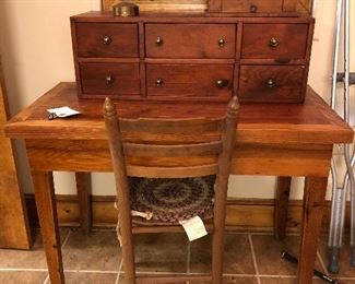 Pine desk, pine 6 drawer box, pine writing box, pine chair