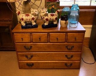 Maple storage box, various blue Ball jars, porcelain cats, Antique Hunter brand fan
