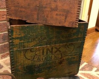 Antique boxes, wood decoy