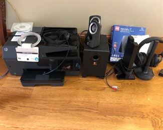 Printer, Sony headphones, speakers