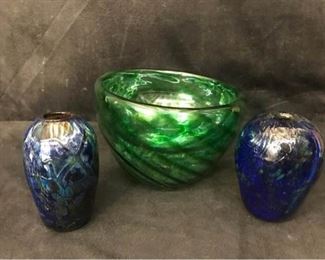 306gTrio of Signed Blown Glass Vessels