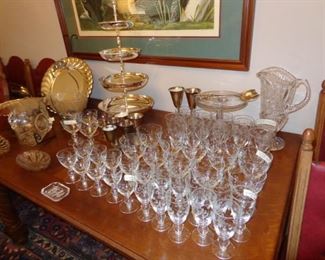 Etched Glasses Set for 10 Place Setting, Large Pressed Glass Pitcher, 4 Tier Silver Plate Serving piece