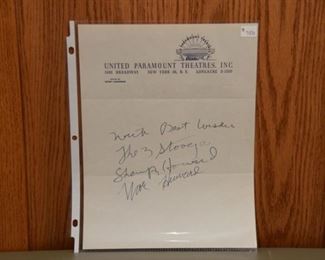 The Three Stooges at the United Paramount Theatres letter head signed by Shemp and Moe Howard with authenticity.