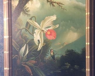very old original painting of hummingbird with orchids