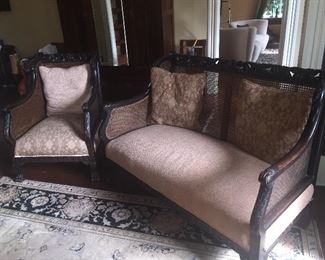 19th century carved claw foot setee  and two matching chairs--plus we have several early hand made rugs
