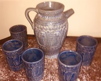 antique German pottery pitcher and cups--features Monks