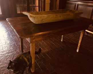 Early handmade pine table and antique dough bowl. 