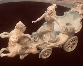 1880s porcelain figure of lady with chariot pulled by winged tigers