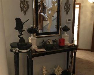 Marble Top Console, Pedestal, Urns on Pedestals, Wall Mirror