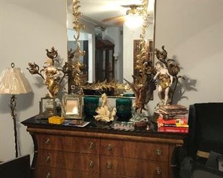 Six Drawer Chest, Venetian Mirror, Hollywood Regency Lamps