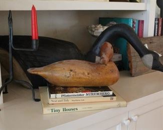 Hand made decoys, wrought iron candle stand