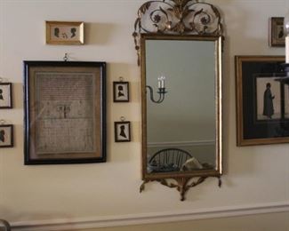Gilt wood mirror, 18th c sampler and silhouettes, large pen and ink of Mr. and Mrs. Henry Crew Boutflower