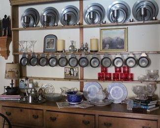 Large collection Stieff American pewterware, wall sconces, English transferware plates, flowblue bowl, Pewter tea set