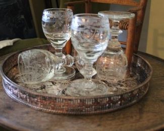 Set of 19th c etched glass cordial glasses
