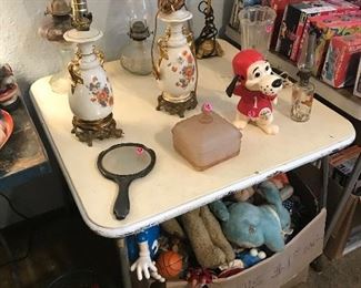 Beanie babies, dolls, antique oil lamps