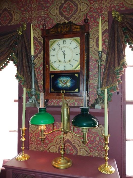Eli Terry Pillar & Splat Clock, Emerald Glass Double Student Lamp