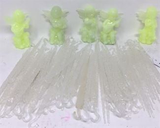 Lot of ice sickle ornaments with neon green