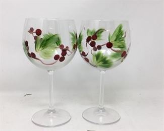 Twin matching hand painted wine glasses