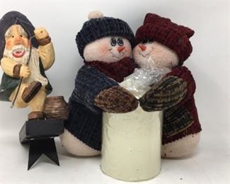 8” stuffed snowmen along with candle and wooden