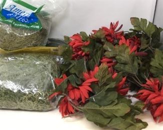 Various types of moss and artificial flowers