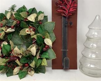 Metal wreath hanger, wreath, and glass Christmas
