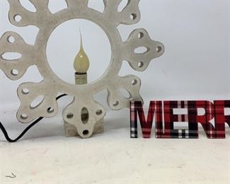 Snowflake light and wooden “Merry” sign