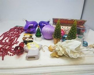 Xmas Tree Candles, Curling Ribbon, Ornaments and