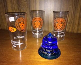 1969 UT national champions glasses and a Fenton glass paperweight 