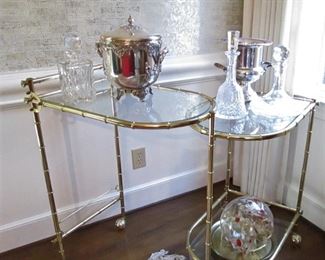 Brass & Glass Bar Cart...Waterford Decanter...