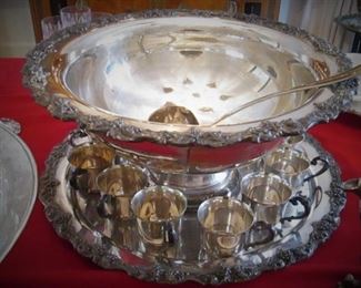 Silver Plate Punch Bowl, Cups, Tray, Ladle