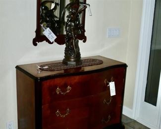 3-Drawer Chest, Vintage Wall Mirror, and a very nice Bronze Statue