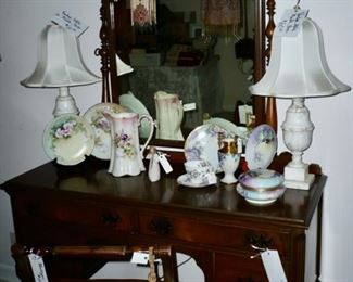 Vintage Dressing Table with Mirror, 2 White Marble Lamps, etc...