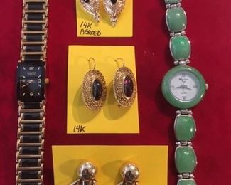 GOLD PIERCED EARRINGS & 2 WOMENS WATCHES (MANY MORE AVAILABLE)