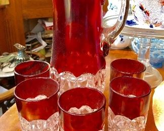 Great ruby flashed tankard pitcher w 5 tumblers