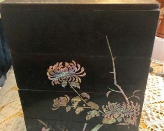 Gorgeous Chinese antique mother of pearl inlay lacquer stationary set with letter tray outstanding!