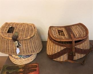 Antique  leather and wicker creels. 