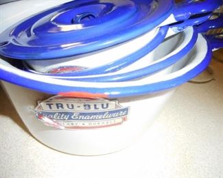 Tru Blue Enamelware Different Pots, Bowls Original Label.We moved it to the Basement!!