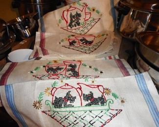 Vintage Hand Embroidered Set of Scottie Dogs on Linen Towels 