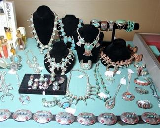 Native American Turquoise and Coral Jewelry, Squash Blossom Necklaces, Concho Belt, Bracelets, Rings