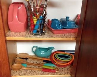 Fiestaware Set - Sold only as set - $1500 List of contents (* notates uncertainty about exact name)
1-Baking/Pizza Tray
2-Butter Tray
1-Rectangular Baker
1-Square Baker
4-Medium Oval Platter
5-Large Oval Platter
1-Pasta Bowl
3-Trivet
1-Spoon Rest
1-Small Covered Casserole*
2-Large Covered Casserole*
9-Dinner Plate
2-Bistro Salad Plate
5-Medium Bowl
2-Individual Casserole
1-Individual Casserole Large*
2-Oval Dish
9-Appetizer Plate
8-Bistro Buffet Plate
8-Fruit Bowl
4-Bouillon
4-Square Luncheon Plate
1-Sugar Packet Caddy
1-Large Disc Pitcher
1-Mini Disc Pitcher
2-Medium Heart Bowl
2-Gravy Boat*
1-Tall Vase*
2-Cup
1-Saucer
2-Kitchen Canister
4-Jumbo Cup
2-Small Bread Tray
4-Small Oval Platter
1-Salt and Pepper Set
8-Gusto Bowl
9-Rim Soup Bowl
1-Set of 4 7oz Glasses
1-Set of Insulated Cups*
5 Piece Bamboo Silicone Utensil Set
6 piece Utensil Set with Crock
3 Knife Set*
5 Piece Trivet Set
17 Piece Bake Set
5 Piece Metal/Ceramic Serving Utensils*
Various Fiesta Towels