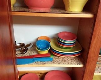 Fiestaware Set - Sold only as set - $1500 List of contents (* notates uncertainty about exact name)
1-Baking/Pizza Tray
2-Butter Tray
1-Rectangular Baker
1-Square Baker
4-Medium Oval Platter
5-Large Oval Platter
1-Pasta Bowl
3-Trivet
1-Spoon Rest
1-Small Covered Casserole*
2-Large Covered Casserole*
9-Dinner Plate
2-Bistro Salad Plate
5-Medium Bowl
2-Individual Casserole
1-Individual Casserole Large*
2-Oval Dish
9-Appetizer Plate
8-Bistro Buffet Plate
8-Fruit Bowl
4-Bouillon
4-Square Luncheon Plate
1-Sugar Packet Caddy
1-Large Disc Pitcher
1-Mini Disc Pitcher
2-Medium Heart Bowl
2-Gravy Boat*
1-Tall Vase*
2-Cup
1-Saucer
2-Kitchen Canister
4-Jumbo Cup
2-Small Bread Tray
4-Small Oval Platter
1-Salt and Pepper Set
8-Gusto Bowl
9-Rim Soup Bowl
1-Set of 4 7oz Glasses
1-Set of Insulated Cups*
5 Piece Bamboo Silicone Utensil Set
6 piece Utensil Set with Crock
3 Knife Set*
5 Piece Trivet Set
17 Piece Bake Set
5 Piece Metal/Ceramic Serving Utensils*
Various Fiesta Towels