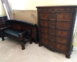 Ashley North Shore Bedroom Set - $2500 - Bedframe, Dresser Vanity, Dresser, Night Stand, Bench