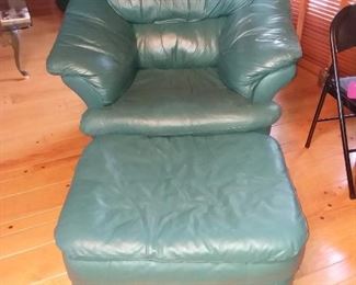 GREEN LEATHER CHAIR WITH FOOT STOOL, NOT OTTOMAN, WE COUNTRY FOLKS! LOL