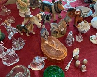 Mixed glass, dog figurines, horse figurine and more.  Flower frog. 