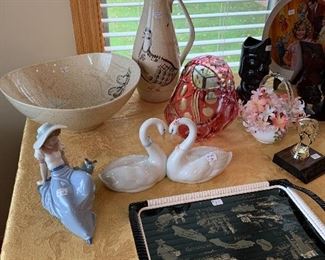 Lladro and Nao figurines.  Red Wing decanter and bowl. 