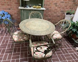 #8 heavy green marble look painted 4 metal chairs and round table 36x30  $ 175.00