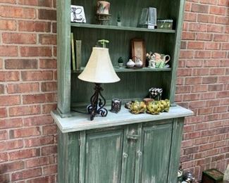 #9 wood green painted antiqued wood cabinet w 2 doors and shelf 42x14x72  $ 175.00