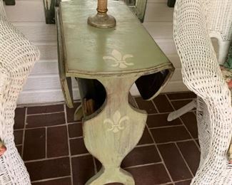#19 drop side end table painted green w gold design  $ 75.00