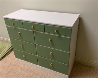#28 white and green chest of 9 drawers 36x15x32  $ 75.00